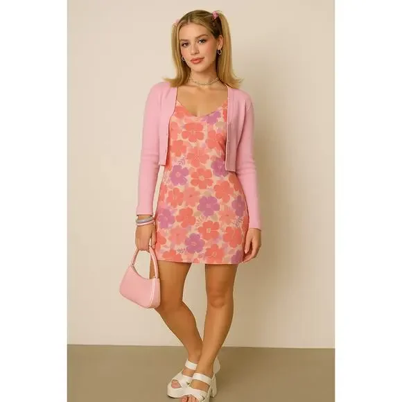 Vintage Old Navy Floral Sundress Babydoll Tea Length Pink 90s Y2K Barbiecore 10 - Picture 1 of 14